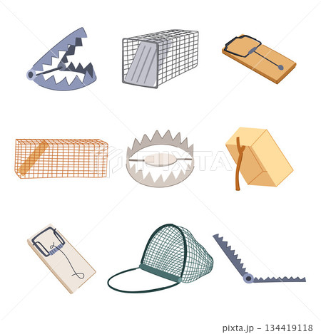 Different types of animal traps and snares collection 134419118