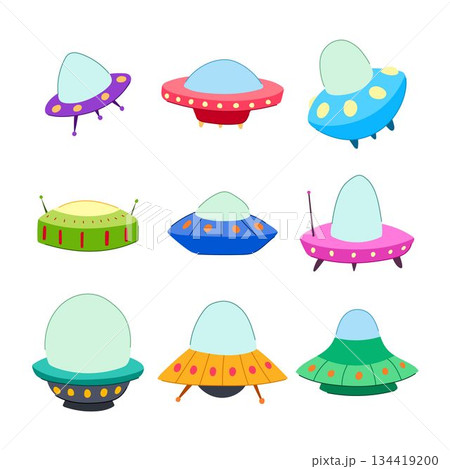 Collection of diverse cartoon flying saucers alien spaceships 134419200