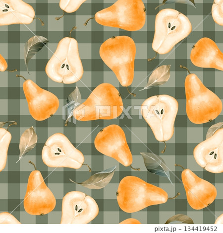 Hand-drawn illustration of a seamless pattern with whole and sliced pears, and leaves, on a muted green checkered background. Perfect for rustic kitchen textiles, autumn designs, and digital paper 134419452