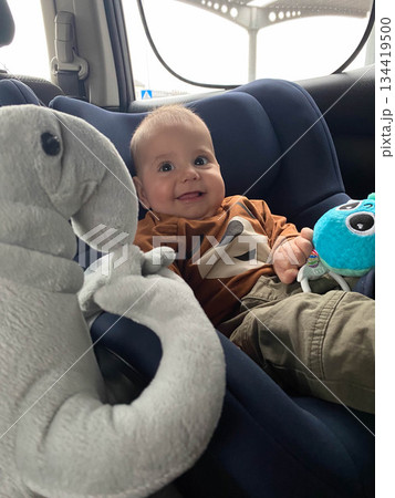 Baby Smiling at Plush Toy Elephant in Car Seat 134419500