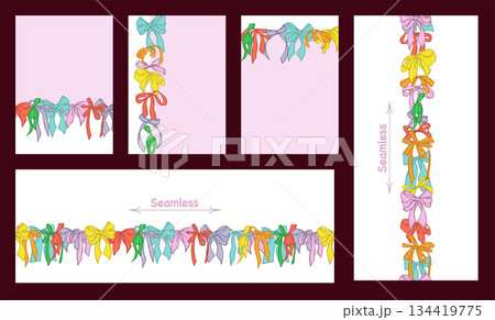 Collection of colourful hand drawn ribbon frames and borders in coquette style. Colorful bows garland on cards and seamless borders. Design for greeting card, invitation, wedding, kids birthday. Collection of colourful hand drawn ribbon frames and borders in coquette style. Colorful bows garland on cards and seamless borders. Design for greeting card, invitation, wedding, kids birthday. 134419775