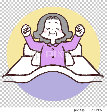 Illustration of a senior woman waking up refreshed 134419978