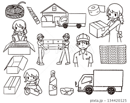 手描きのお引越しセット線画 134420125
