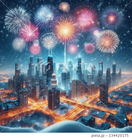 冬の街を彩る花火、冬の花火、真冬の花火、クリスマス花火、正月花火、元旦花火 冬の街を彩る花火、冬の花火、真冬の花火、クリスマス花火、正月花火、元旦花火 134420175
