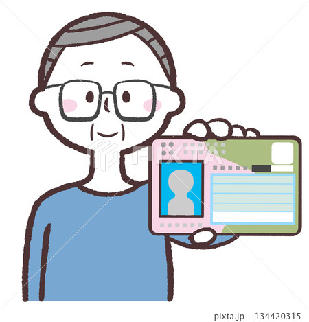 マイナカードを見せるシニア男性のイラスト マイナカードを見せるシニア男性のイラスト 134420315