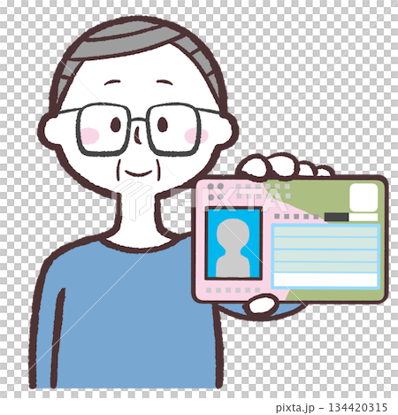 マイナカードを見せるシニア男性のイラスト マイナカードを見せるシニア男性のイラスト 134420315