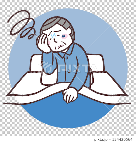 Illustration of a senior man who has trouble waking up 134420564