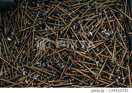Many of the golden colored screws laying down, top view of quality products Many of the golden colored screws laying down, top view of quality products 134420781