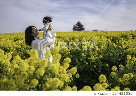 菜の花畑で赤ちゃんを抱っこする女性 菜の花畑で赤ちゃんを抱っこする女性 134421050