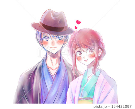 寄り添う着物を着た男女 帽子 恋愛 バストアップ 寄り添う着物を着た男女 帽子 恋愛 バストアップ 134421097