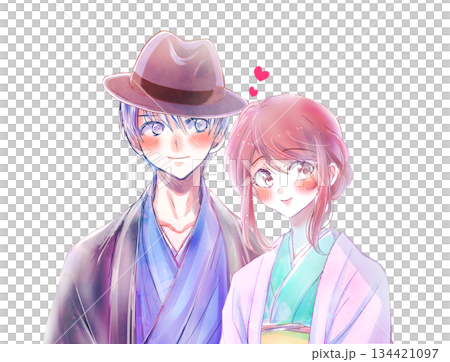 寄り添う着物を着た男女 帽子 恋愛 バストアップ 寄り添う着物を着た男女 帽子 恋愛 バストアップ 134421097