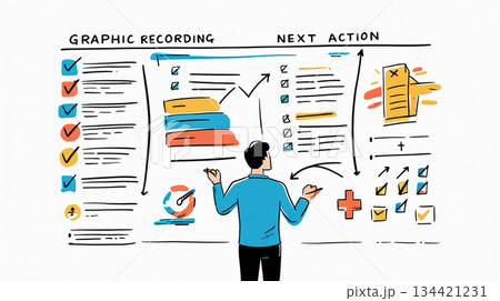 アイディアを戦略的に具現化し目標達成へと導くビジネスプロセスの構造化イラスト 134421231