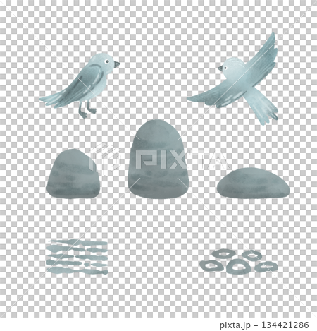 Set elements: birds, stones, decor in gray - blue tones. Cartoon illustration in a flat style. Watercolor, pastel. For design of children's products 134421286