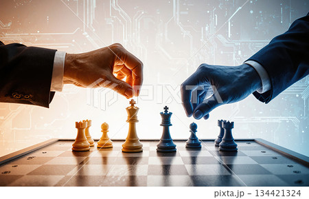 Tactical Decision Frame An amber hand lifts a king while a blue hand prepares to counter with a rook, close 134421324