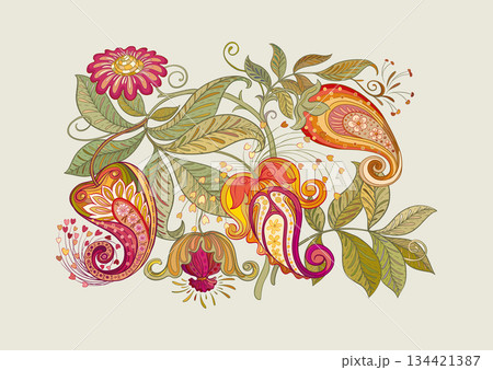 Fantasy flowers in retro, vintage, jacobean embroidery style. 134421387