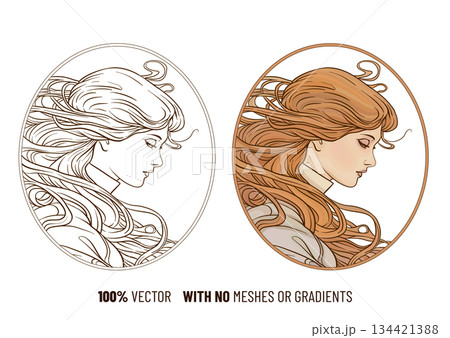 Elegant hand drawn portrait of a young woman Elegant hand drawn portrait of a young woman 134421388