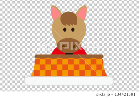 こたつに入って暖まるかわいい馬のイラスト 134421391