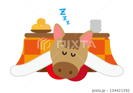 こたつでくつろぐ馬のかわいい年末年始イラスト 134421392