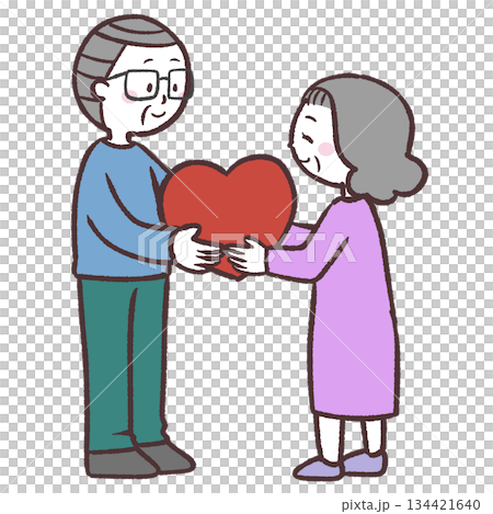Illustration of a senior man and woman giving a heart 134421640