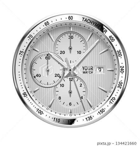 Realistic watch clock chronograph stainless steel dashboard design luxury fashion object for men on white background vector Realistic watch clock chronograph stainless steel dashboard design luxury fashion object for men on white background vector 134421660
