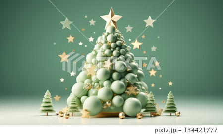 3D Christmas tree is surrounded by many gifts and decorations with a star on top and many balls on the branches. Copy place. 3D Christmas tree is surrounded by many gifts and decorations with a star on top and many balls on the branches. Copy place. 134421777