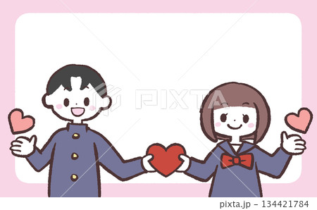 学生服を着た男女がハートを持つイラスト 134421784