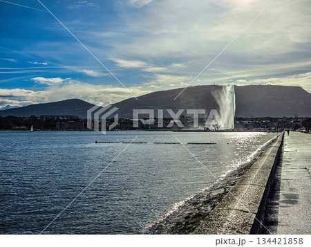 Jet dEau Fountain Viewed from Promenade at Lake Geneva 134421858