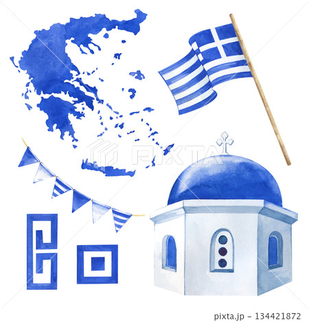 A set of elements of Greek culture. The silhouette of the country, the dome of the temple, flags and the national ornament of Greece in blue tones. Watercolor illustration on an isolated background A set of elements of Greek culture. The silhouette of the country, the dome of the temple, flags and the national ornament of Greece in blue tones. Watercolor illustration on an isolated background 134421872