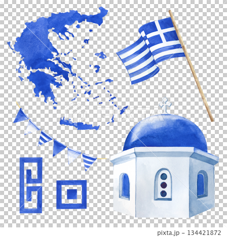 A set of elements of Greek culture. The silhouette of the country, the dome of the temple, flags and the national ornament of Greece in blue tones. Watercolor illustration on an isolated background A set of elements of Greek culture. The silhouette of the country, the dome of the temple, flags and the national ornament of Greece in blue tones. Watercolor illustration on an isolated background 134421872