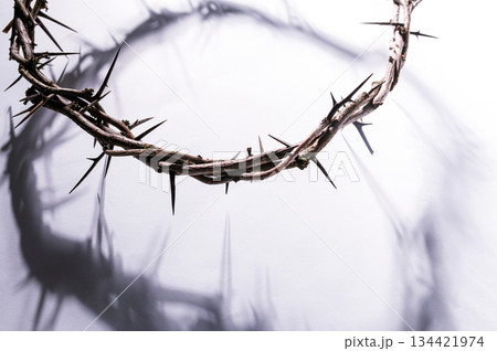Jesus Crown of thorns shadow silhouette against textured gray surface, symbol spiritual pain and redemptive struggle Banner good friday background, concept for Christian Easter Jesus Crown of thorns shadow silhouette against textured gray surface, symbol spiritual pain and redemptive struggle Banner good friday background, concept for Christian Easter 134421974