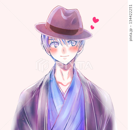 和服を着た男性　帽子　ほほ笑み　恋愛 134422251