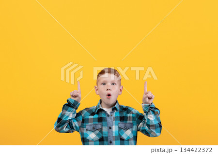 Shocked kid showing exciting advertisement, aiming at free space for text or advertisement. Surprised redhead schoolboy pointing up at empty space over yellow studio background Shocked kid showing exciting advertisement, aiming at free space for text or advertisement. Surprised redhead schoolboy pointing up at empty space over yellow studio background 134422372