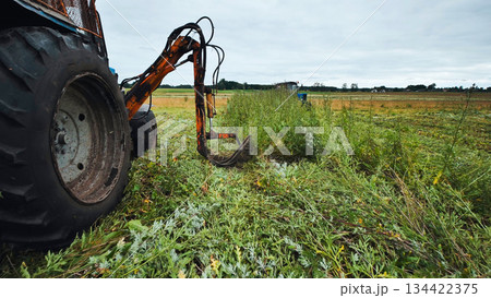 Agricultural tractor cutting grass with rotary mower, creating linear swaths on overcast farmland landscape 134422375