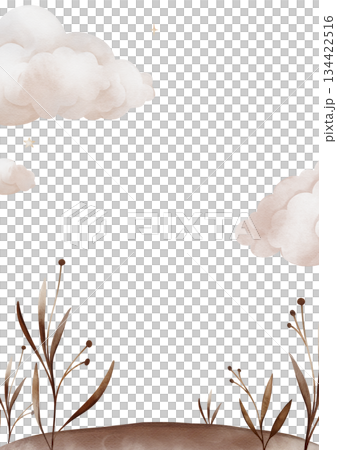 Vertical frame with brown plant and ground and flying clouds. Border pr banner with hand drawn watercolor illustration for card plants flower isolated on background. 134422516