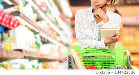Concerned Black Lady Thinking Buying Food And Calculating Increased Food Prices Standing In Supermarket, Having Financial Issues During Crisis. Discontented Female Buyer In Food Shop. Empty Space Concerned Black Lady Thinking Buying Food And Calculating Increased Food Prices Standing In Supermarket, Having Financial Issues During Crisis. Discontented Female Buyer In Food Shop. Empty Space 134422530