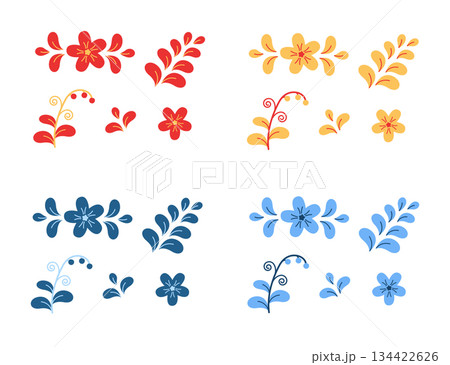 Set of abstract flowers and plants. Cartoon traditional Slavic pattern on white background. Set of abstract flowers and plants. Cartoon traditional Slavic pattern on white background. 134422626