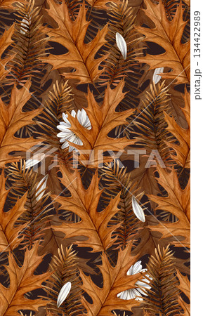 Seamless watercolor pattern of autumn oak leaves, dried metasequoia branches, chamomiles and white petals on a dark background. Ideal for textiles, wallpapers, packaging and fall designs 134422989