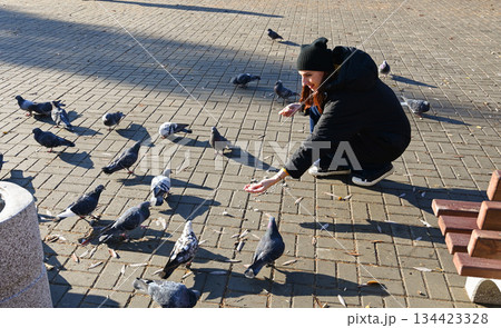 Woman feeds pigeons in a park while sitting on a bench during a sunny day Woman feeds pigeons in a park while sitting on a bench during a sunny day 134423328