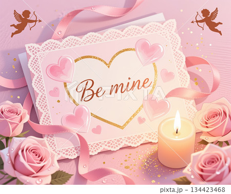 Pink valentines card with roses and candle. 134423468
