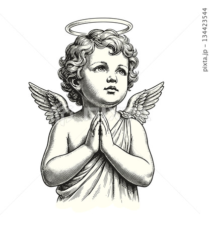 Praying Baby Cupid Vintage Art 134423544