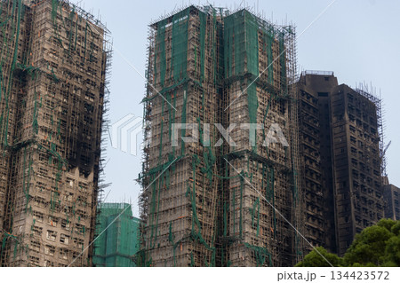 exterior of Wang Fuk Court after the fatal blaze in TaiPo, is where a  No.5 alarm blaze  134423572
