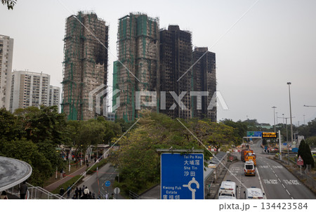 exterior of Wang Fuk Court after the fatal blaze in TaiPo, is where a No.5 alarm blaze exterior of Wang Fuk Court after the fatal blaze in TaiPo, is where a No.5 alarm blaze 134423584