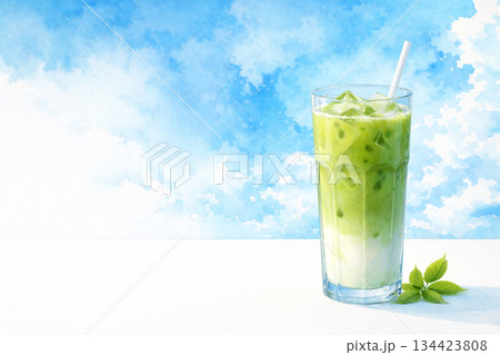 アイス抹茶ラテの水彩イラスト 134423808