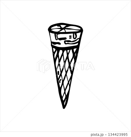 Hand-drawn linear doodle of ice cream in a waffle cone. Minimalist outline illustration of frozen dessert, perfect for summer treats, sweet snacks, cafe menus, and black and white food-themed 134423995
