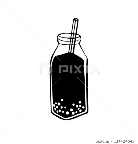 Hand-drawn linear doodle of bubble coffee with tapioca pearls. Minimalist outline illustration perfect for modern cafe menus, trendy drinks, and black and white beverage graphics. Hand-drawn linear doodle of bubble coffee with tapioca pearls. Minimalist outline illustration perfect for modern cafe menus, trendy drinks, and black and white beverage graphics. 134424045