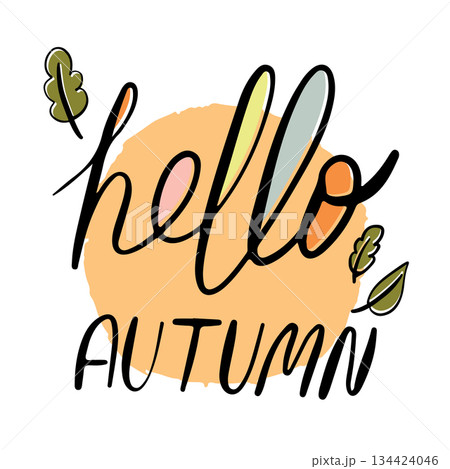 Hand-drawn linear doodle illustration with the phrase "Hello Autumn" surrounded by autumn leaves. Minimalist outline design perfect for seasonal greetings 134424046