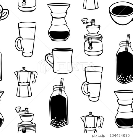 Hand-drawn linear doodle pattern featuring various coffee cups and brewing tools, including Americano, espresso, bubble coffee, moka pot, manual grinder, reusable coffee filter, and more. Minimalist Hand-drawn linear doodle pattern featuring various coffee cups and brewing tools, including Americano, espresso, bubble coffee, moka pot, manual grinder, reusable coffee filter, and more. Minimalist 134424050