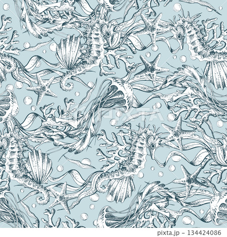 Seamless pattern with hand drawn marine animal and underwater plant on light blue background. Ocean life decorative art for textile, print. Outline graphic illustration Seamless pattern with hand drawn marine animal and underwater plant on light blue background. Ocean life decorative art for textile, print. Outline graphic illustration 134424086