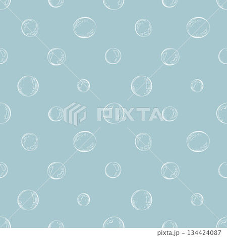 Hand drawn bubble on blue background, seamless pattern, line art graphic style. Underwater world, marine life design. For textile, packaging. On a blue background Hand drawn bubble on blue background, seamless pattern, line art graphic style. Underwater world, marine life design. For textile, packaging. On a blue background 134424087
