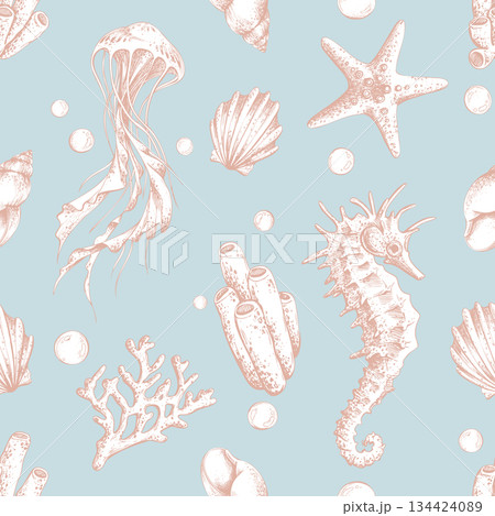 Seamless pattern with hand-drawn jellyfish, seahorse, shell, coral reef and starfish. Marine life background for ocean theme. Beautiful sea creatures sketch. Outline graphic illustration on a blue Seamless pattern with hand-drawn jellyfish, seahorse, shell, coral reef and starfish. Marine life background for ocean theme. Beautiful sea creatures sketch. Outline graphic illustration on a blue 134424089
